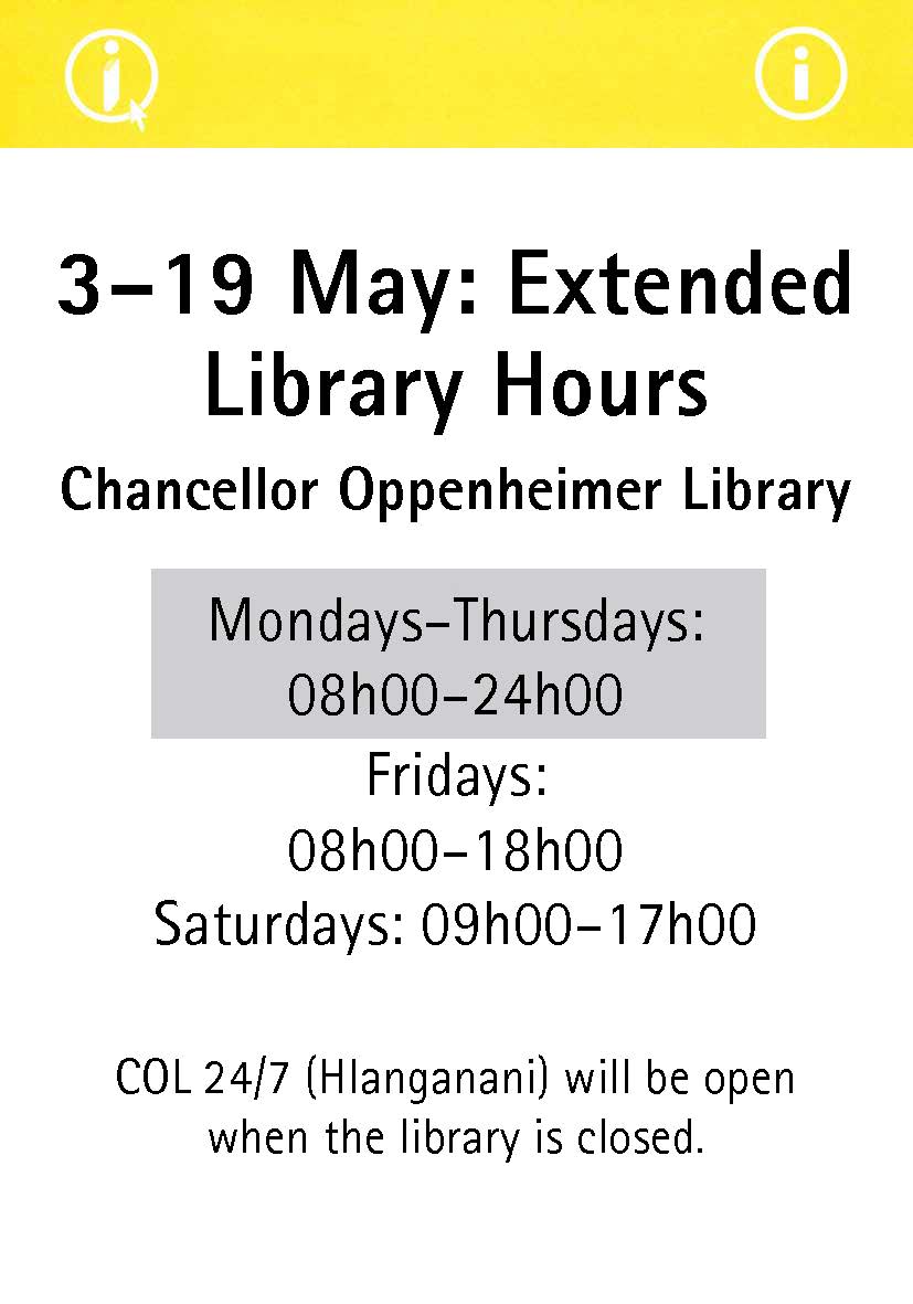 UCTLibrary's tweet photo. We are open till 24h00 starting tonight until 19 May. #morestudyhours #extendedlibraryhours #studytime https://t.co/Ztd5zajUW9