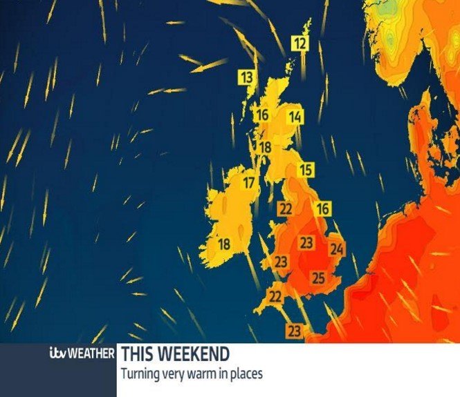 itvnews's tweet photo. Britain set to be hotter than Ibiza this weekend https://t.co/IK8r9SrKhD https://t.co/MHcJkXNvCx