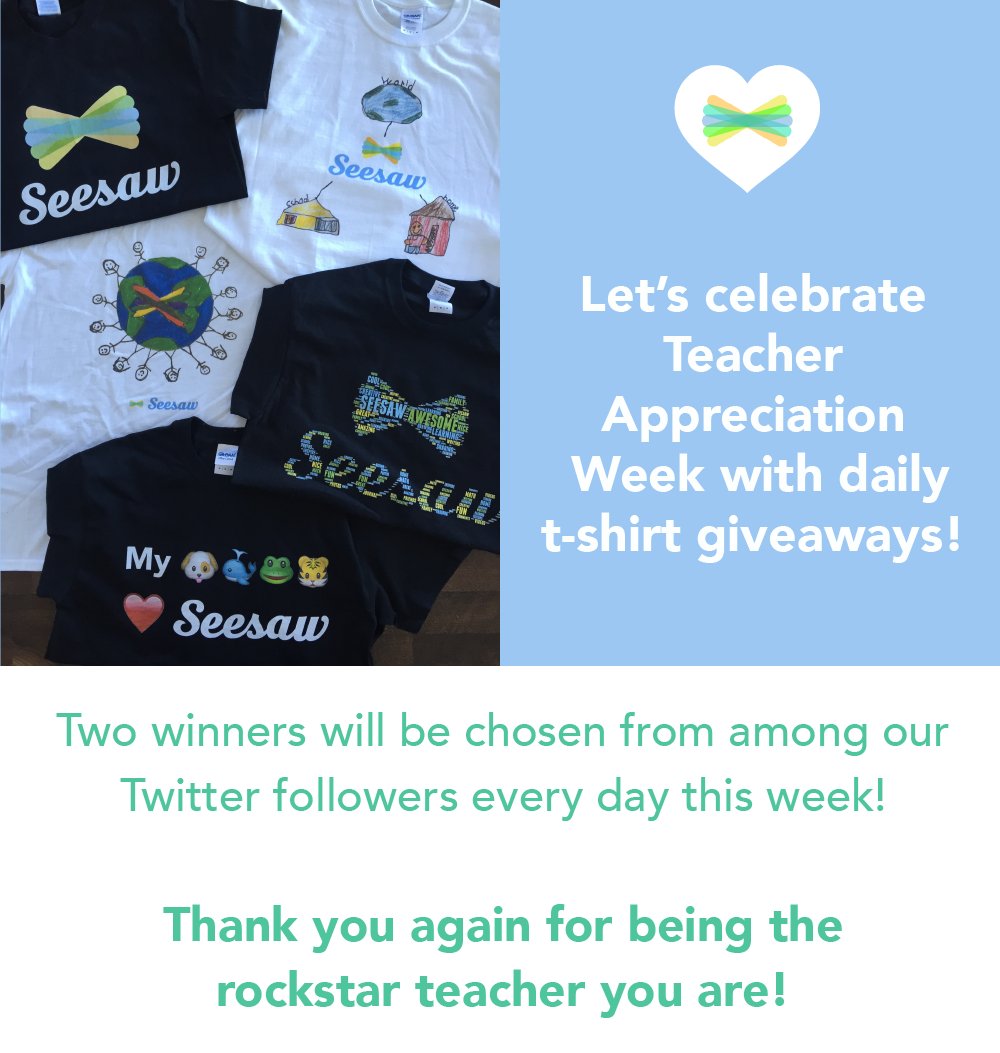 Seesaw's tweet photo. Celebrating our teachers with t-shirts designed by Seesaw students! https://t.co/3VI2LrBUYV