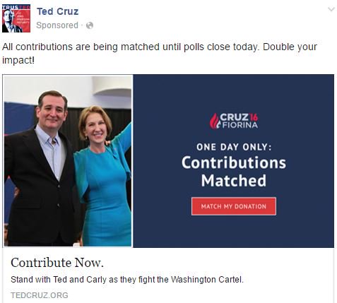 CACruzCrew's tweet photo. TODAY ONLY! All contribution are matched. Lets take Indiana! #CruzCrew #CruzCarly2016 #Cruz 
https://t.co/wdO9tEaGnS https://t.co/LlOAmPKPGl