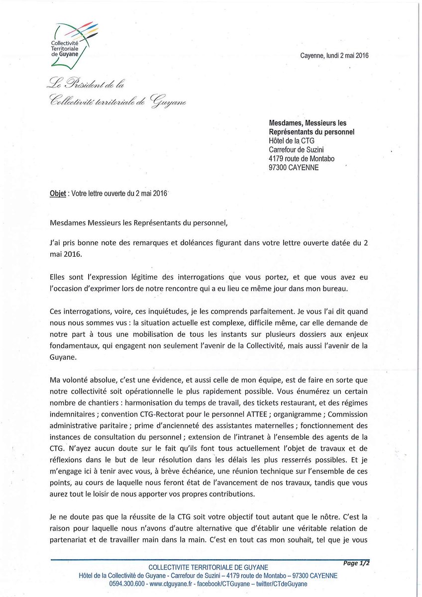 RpheAlexandre's tweet image. Inquiétudes des syndicats de la @CTdeGuyane : après les avoir reçu longuement hier, voici ma réponse. #Guyane