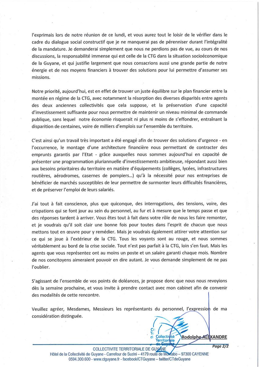 RpheAlexandre's tweet image. Inquiétudes des syndicats de la @CTdeGuyane : après les avoir reçu longuement hier, voici ma réponse. #Guyane