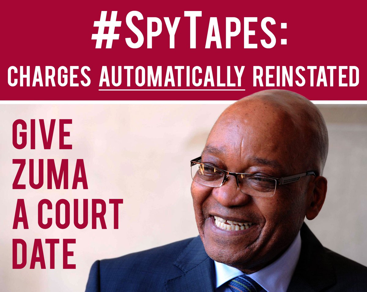Our_DA's tweet photo. #SpyTapes charges against Zuma are automatically reinstated!

Proceed with the prosecution. Give Zuma a court date! https://t.co/LjONhHSJQD