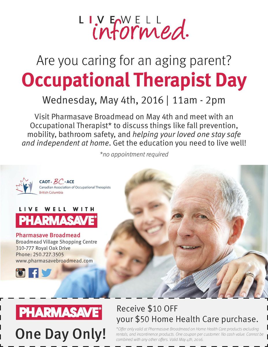 It's almost here! FREE Talk to an OT May 4, 11am-2pm, <a href="/BroadmeadPharma/">Pharmasave Broadmead</a> #occupationaltherapy #OT