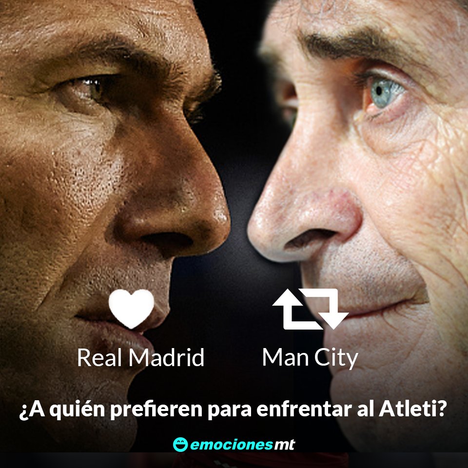 mediotiempo's tweet photo. A quién quieres ver en la Final de @ChampionsLeague junto al @Atleti, ❤ @realmadrid o RT @MCFC https://t.co/T2uRmmR4Be