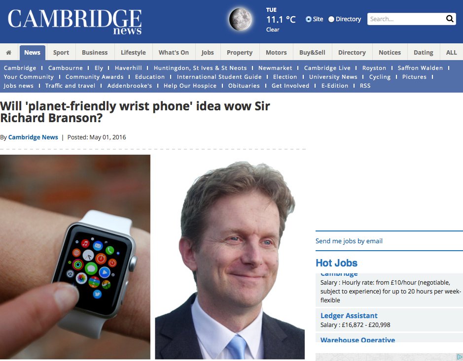 WearableConsult's tweet photo. Article in Cambridge News about Planet Friendly Wristphones 
https://t.co/9pJe8Fqc0A https://t.co/fiCWFfxiYI
