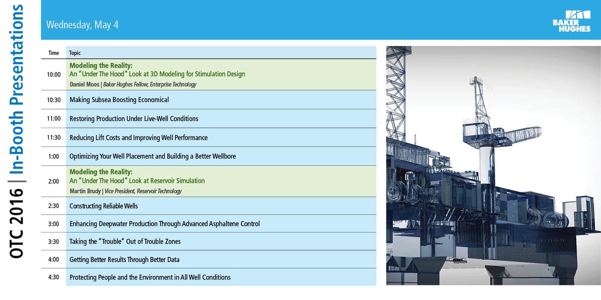 bakerhughesco's tweet photo. Didn't have a chance to check out some of our in-booth presentations today? Come by tomorrow! #Booth3731 #OTCHouston https://t.co/pYFXTxDMXR