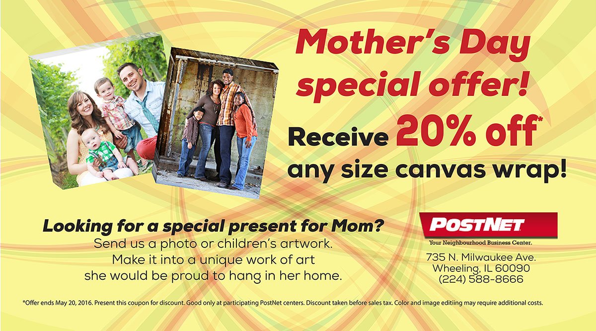 PostNetIL140's tweet image. Want a great gift idea that will make mom smile. Come in until the 20th for 20% off any size canvas wrap.