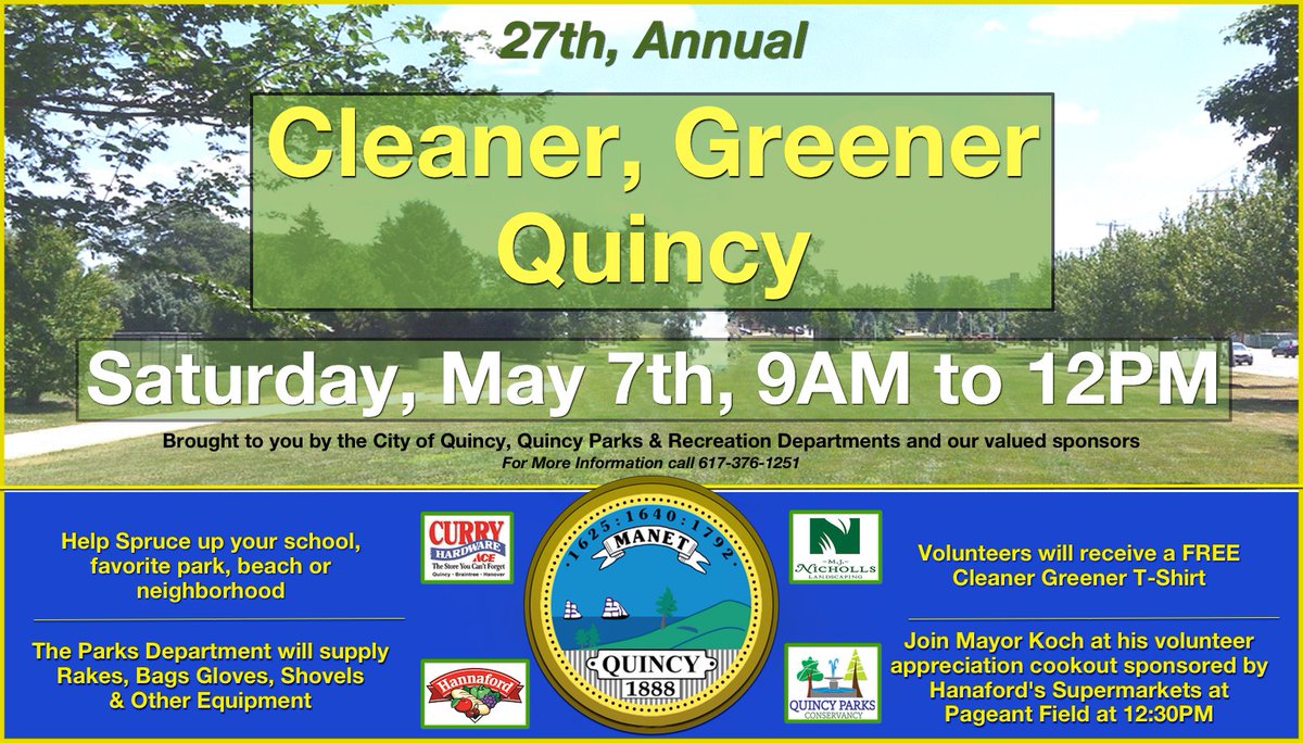 RT, Sat. 5/7 9A-12P, a Quincy trad. "Cleaner Greener Quincy" read the pic!!! #CleanerGreenerQuincy  #QuincyCleanUp