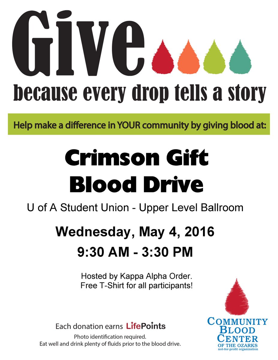 OzarksBlood's tweet photo. FAYETTEVILLE, AR: Nationwide Crimson Gift Blood Drive @ArkansasKA
Wed May 4 2016
@UATV
@Uarkansas
@ArkansasUnion https://t.co/SXoZmdfN2w