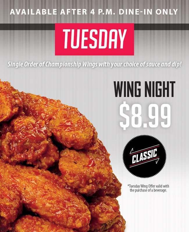 ShoelessBrant's tweet photo. WING NIGHT TONIGHT! $8.99/order anytime after 4pm! #cheapwingnight #sjbrant https://t.co/U1ppxuwKyr
