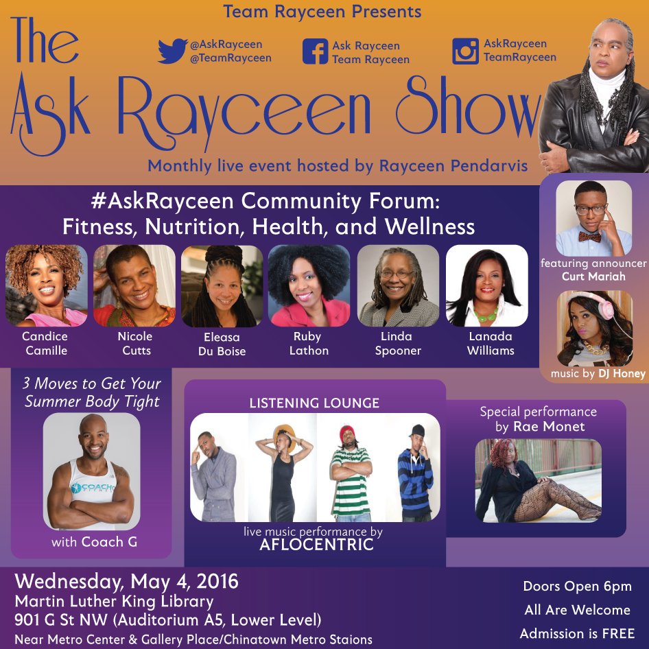 RayceenHRH's tweet photo. Free 5/4/16 @dcpl 6pm 
Health and Wellness panel @TightBodyCoach 
@Djhoney215 spins
@DCHomos @centerblacklgbt https://t.co/nCMsV2k0nE
