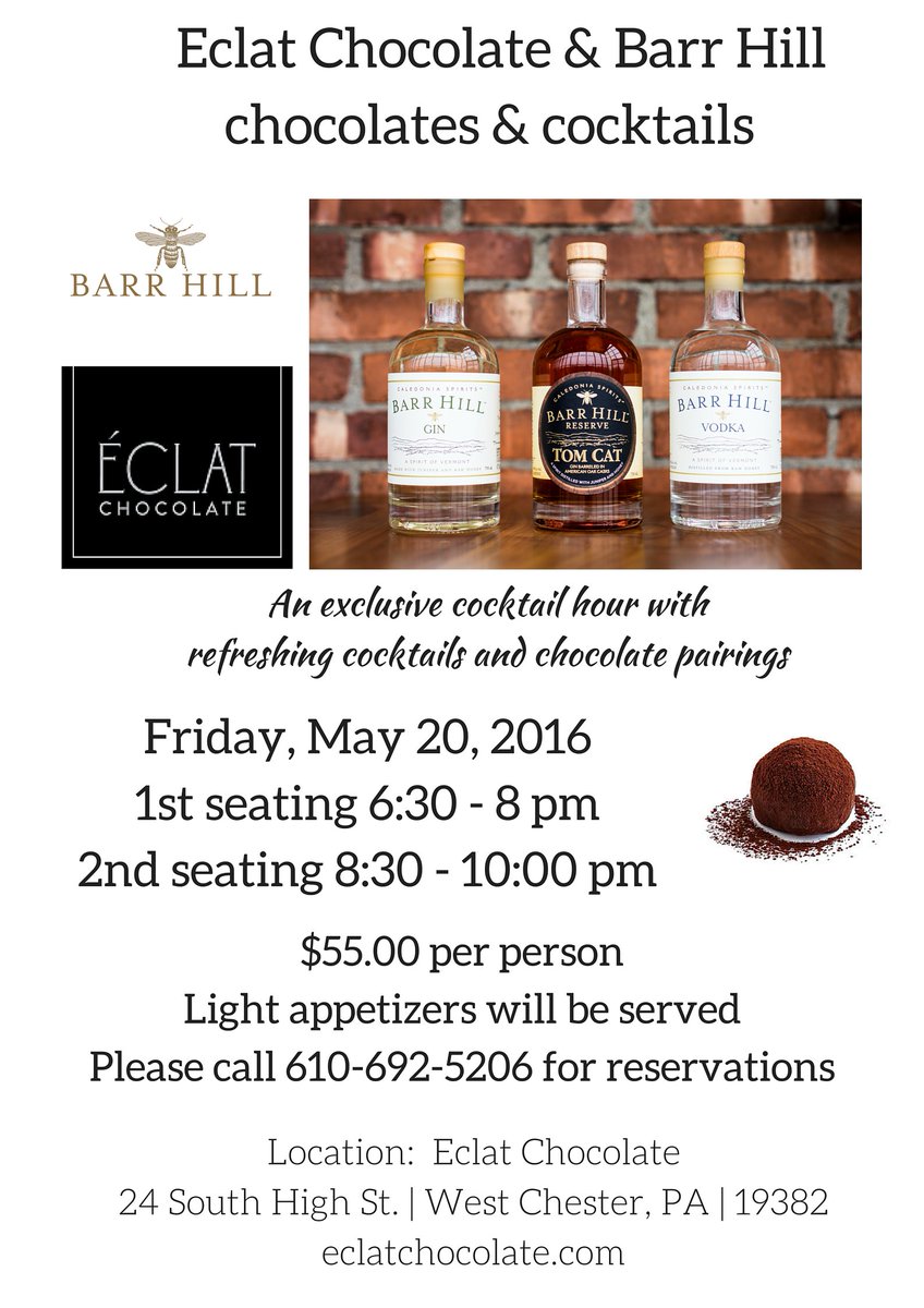 BarrHillGin's tweet photo. Pennsylvania people, Barr Hill cocktail and chocolate pairing happening on Friday May 20.  @eclat #matchmadeinheaven https://t.co/JV3Dy6yzpq