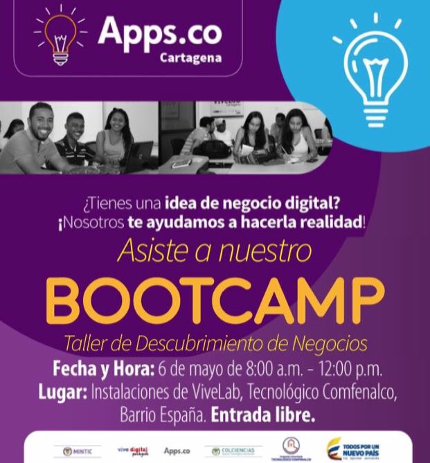 Cartagenapps_co's tweet photo. ¿Tienes una idea de negocio digital? Inscríbete al siguiente link >> https://t.co/6vH0wRpqGk y asiste al Bootcamp. https://t.co/yQime3QydD