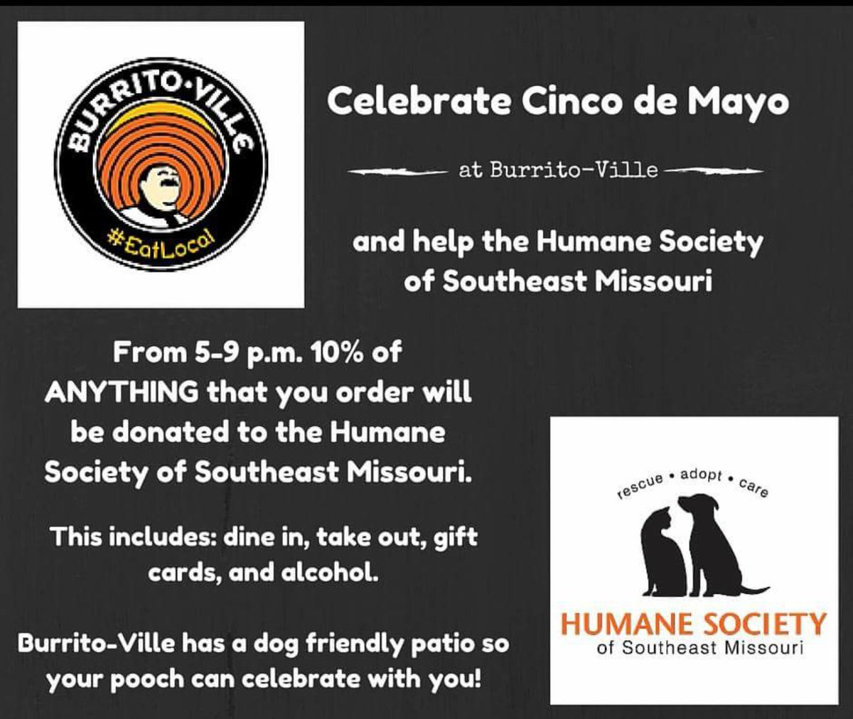 hssemo's tweet photo. Yummy! Come eat some great food and help the shelter animals out! @burrito_ville @Miss_Mutts @Cape_Cal https://t.co/ZK3B4cS0sK