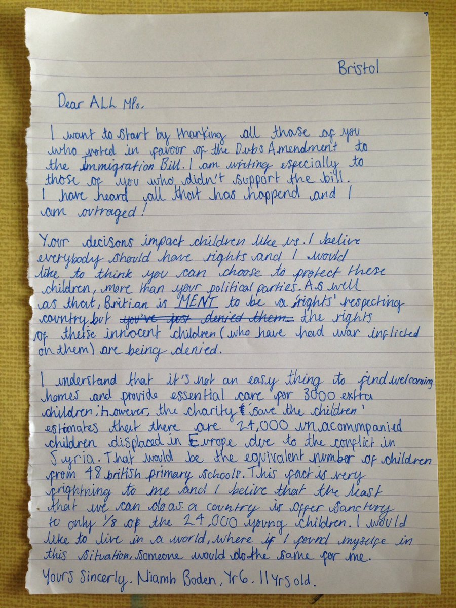 robynboden's tweet photo. Bristol children writing to MP's. Don't ignore this @Conservatives @TheIndyPeople @savechildrenuk #3000welcomehere https://t.co/G2PxHnOPwS