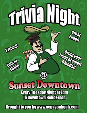 TriviaAndBingo's tweet photo. Trivia tonight 7pm at Sunset Pizzeria (203 S water st) @VegasNews FREE event every Tuesday #TriviaTuesday #lvtrivia https://t.co/RRaGFLWpVl