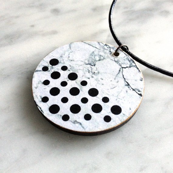 stel65's tweet image. Faux white #marble and black dots, wooden pendant, leather cord #retro_design buff.ly/1Z1u233 #EtsyAdelaide