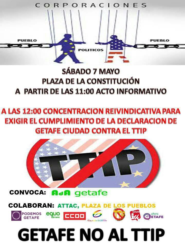PodemosGetafe's tweet photo. SÁBADO 7: Acto informativo y concentración reivindicativa en la Plaza del @aytogetafe #StopTTIP #FiltracionesTTIP https://t.co/kOiv2iTrjc