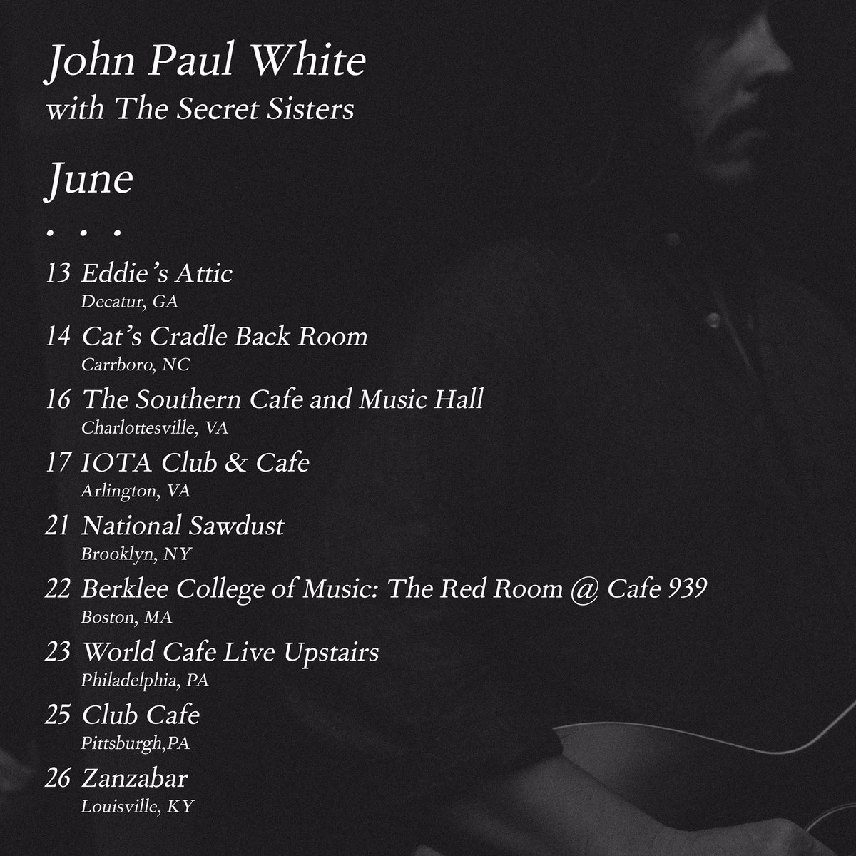 I'm going to be hitting the road.

More dates to come...

Check with the venues for on-sale dates/times...