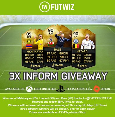 FUTWIZ's tweet photo. Win Mkhitaryan(85)/Hazard(90)/Bale(90)! Follow+RT to enter, winners drawn Thurs 5th May https://t.co/J3lLT3TkAr https://t.co/VAV1VAbBXM