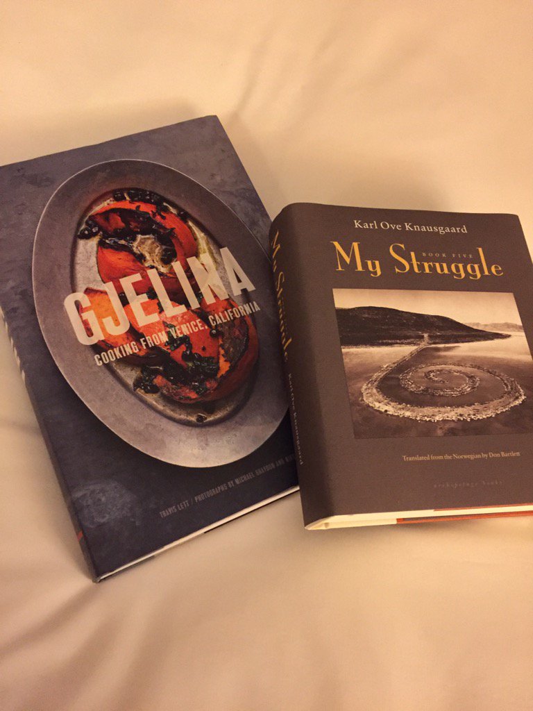 Albertadylan's tweet photo. Because it made perfect sense to buy a 624-page novel and cookbook to lug around NYC. #mystruggle https://t.co/RI3PhoUWQ0