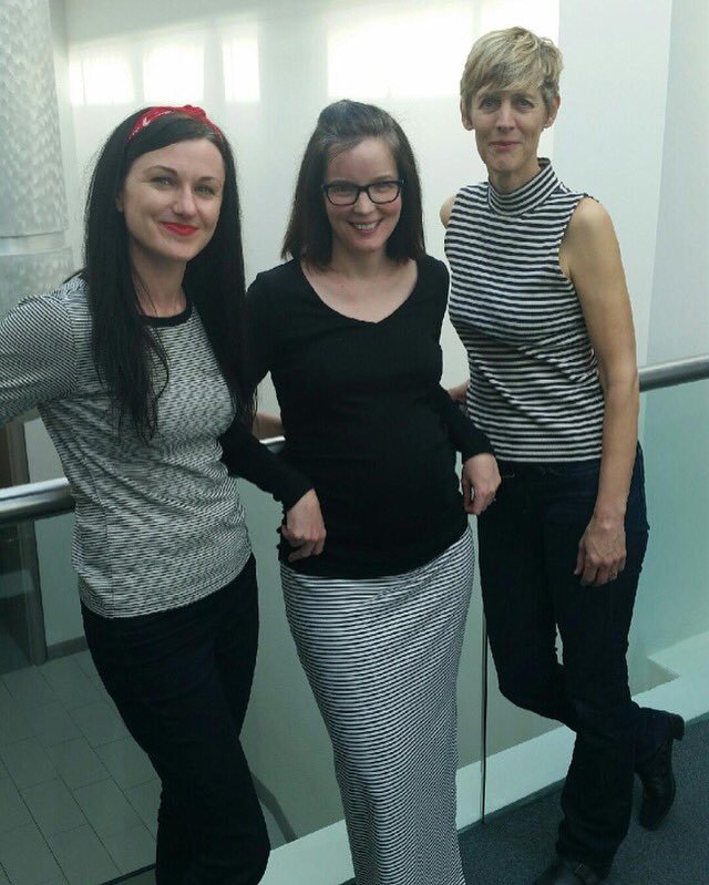 theRMG's tweet photo. Sometimes we all wear stripes! @LindaJansma1 @theravenflies @SoJo_Art #stripes #thermg #stafffashionshow #artsjobs https://t.co/1jkYEGEn81