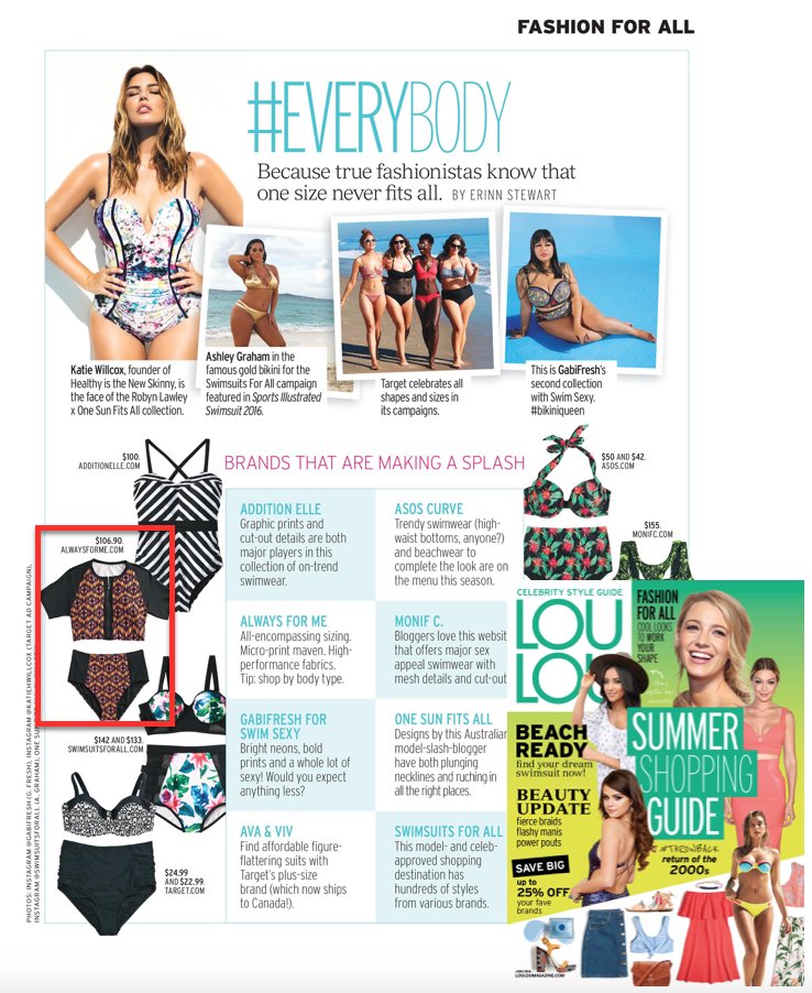 KellyKepnerPR's tweet photo. Thanks @louloumagazine for featuring @AlwaysForMe #plussize #swimwear in your June issue! We <3 swim for #EveryBODY! https://t.co/GF7HK1j8C0