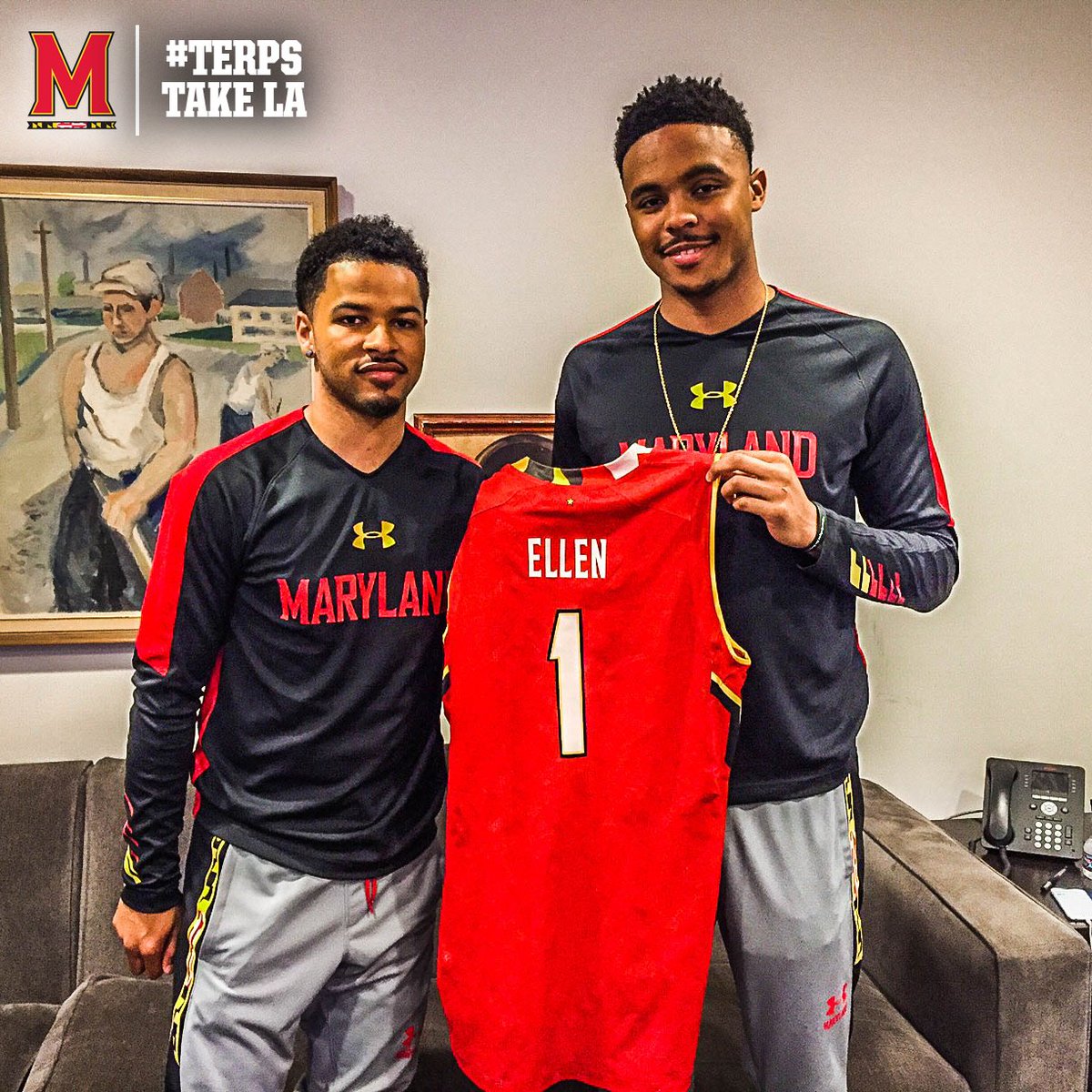 umterps's tweet photo. Well @TheEllenShow didn't let Jaylen and Jared leave LA empty handed, and they returned the favor... #TerpsInLA https://t.co/2krjVNG3ON