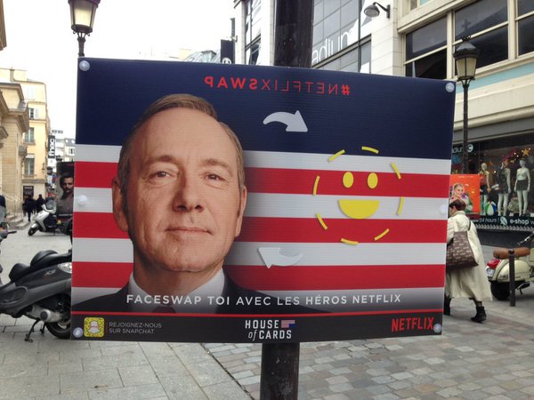 Adweek's tweet photo. Netflix's outdoor ads let Snapchat users swap faces with characters like Frank Underwood: https://t.co/Lx9HU9kL8k https://t.co/TI0zmFyIHu