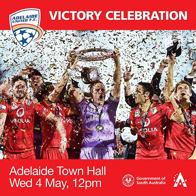 CityofAdelaide's tweet photo. Today is the day! Celebrate our Champions @AdelaideUnited outside @AdelTownHall from 12pm #AUFC #PaintSARed https://t.co/RNvXX7hWCy