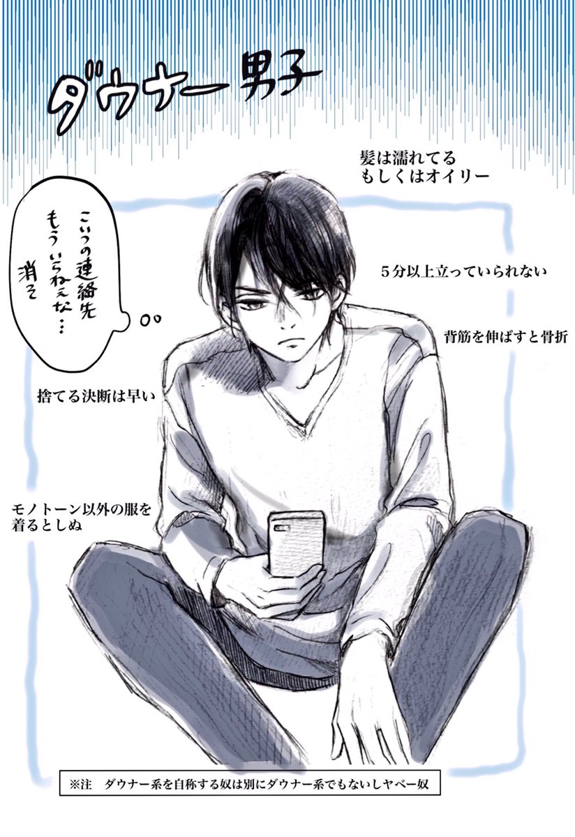 よくわからないので勝手なイメージですが…

ダウナー系、アッパー系の男子とはどういうものか考えてみました。 