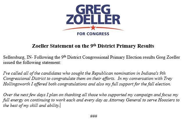 GregZoeller's tweet photo. Statement from Greg Zoeller on 9th District Primary Results https://t.co/76c8qdDAO5