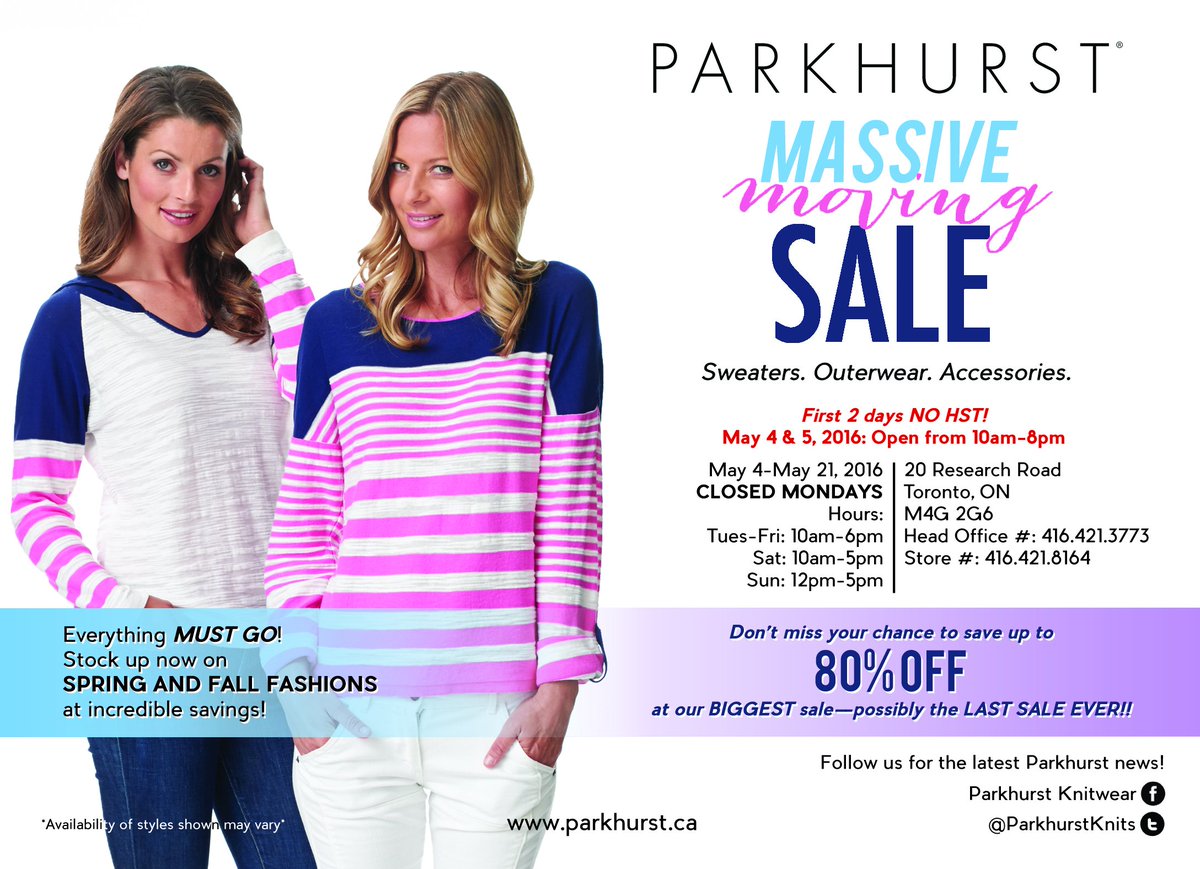 ParkhurstKnits's tweet photo. Come join us from May 4th-May21st for OUR BIGGEST SALE EVER! 
NO HST on May 4th &amp; 5th with extended hours: 10am-8pm https://t.co/e1pe158zu6