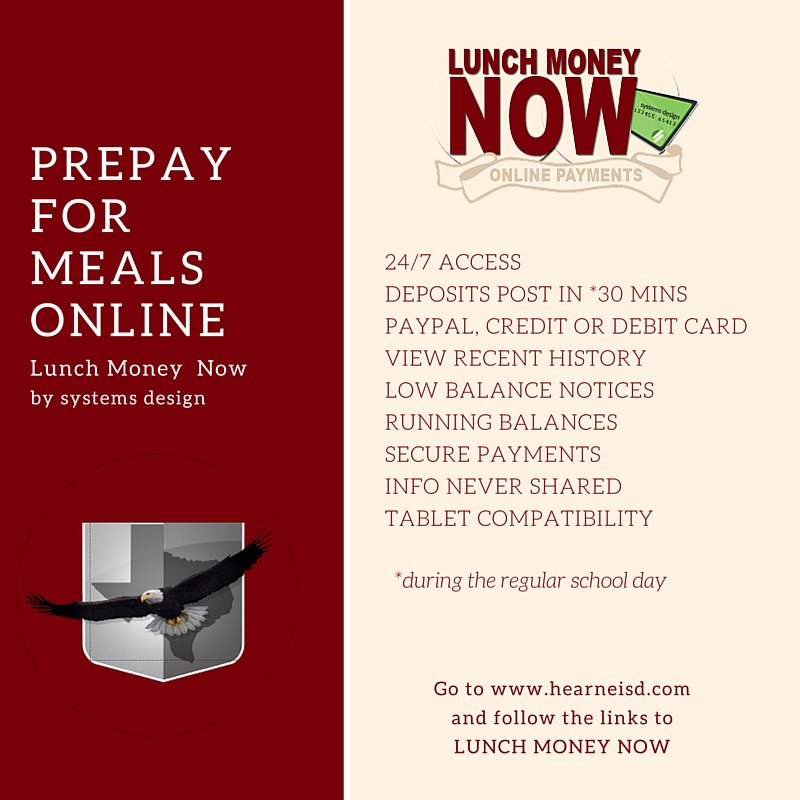 Hearne ISD has implemented “Lunch Money Now”

goo.gl/lULccT