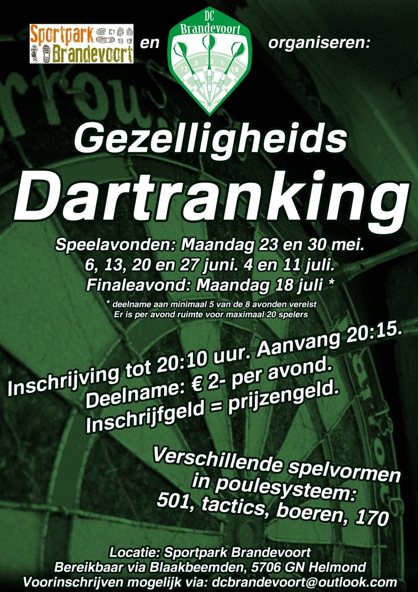 Jaja, het gaat echt gebeuren: Onze eerste eigen #dartranking Meer info: facebook.com/dcbrandevoort/ RT gewenst!