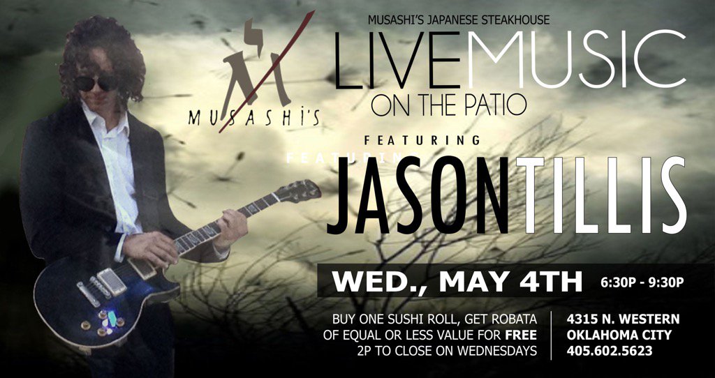 LiveMusicOK's tweet photo. Wednesday (5/4) @ Musashis Japanese Steakhouse. @FreezeTagTv Jason Tillis acoustic show from 6:30-9:30p https://t.co/5FGq1E6N2Z