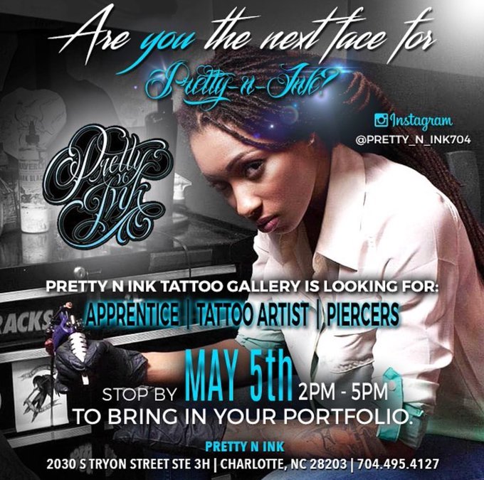 May 5th from 2pm til 5pm STOP BY with your portfolio!!! I need some dope new tattoo artists at @pretty_N_ink704<a href="/tag/aggiepride"class="tags"><span>#aggiepride</span></a>