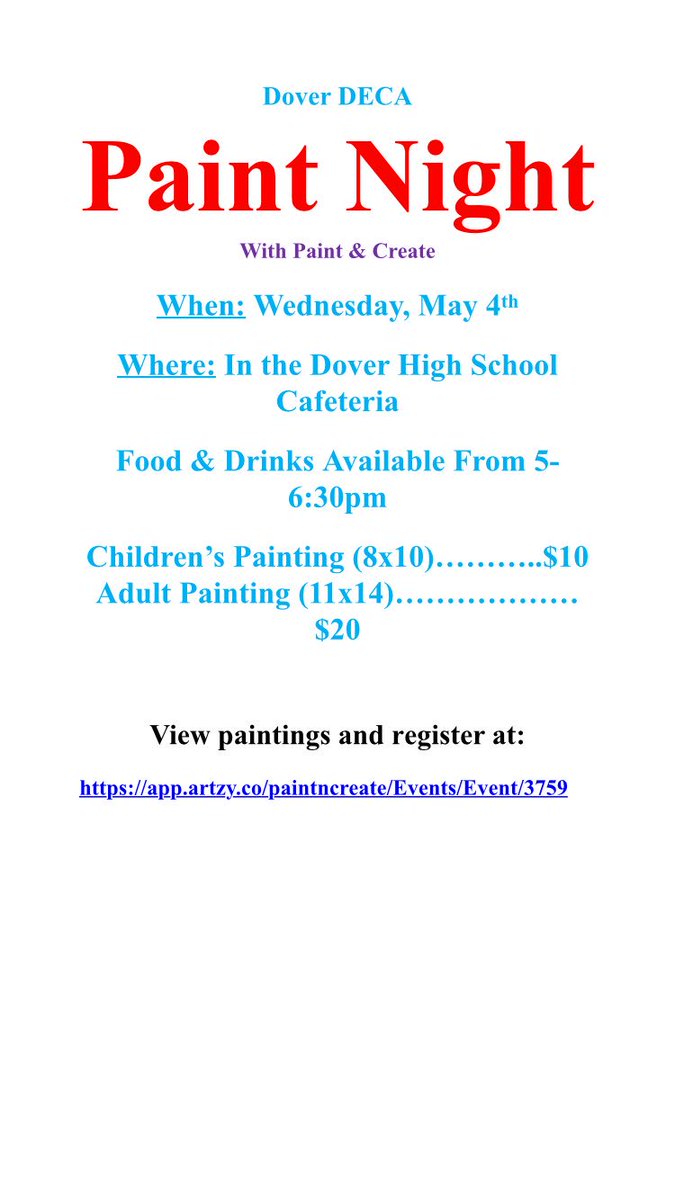 Come out and support Dover DECA and sign up for paint night! Follow the link to sign up! 🎨 app.artzy.co/paintncreate/E…