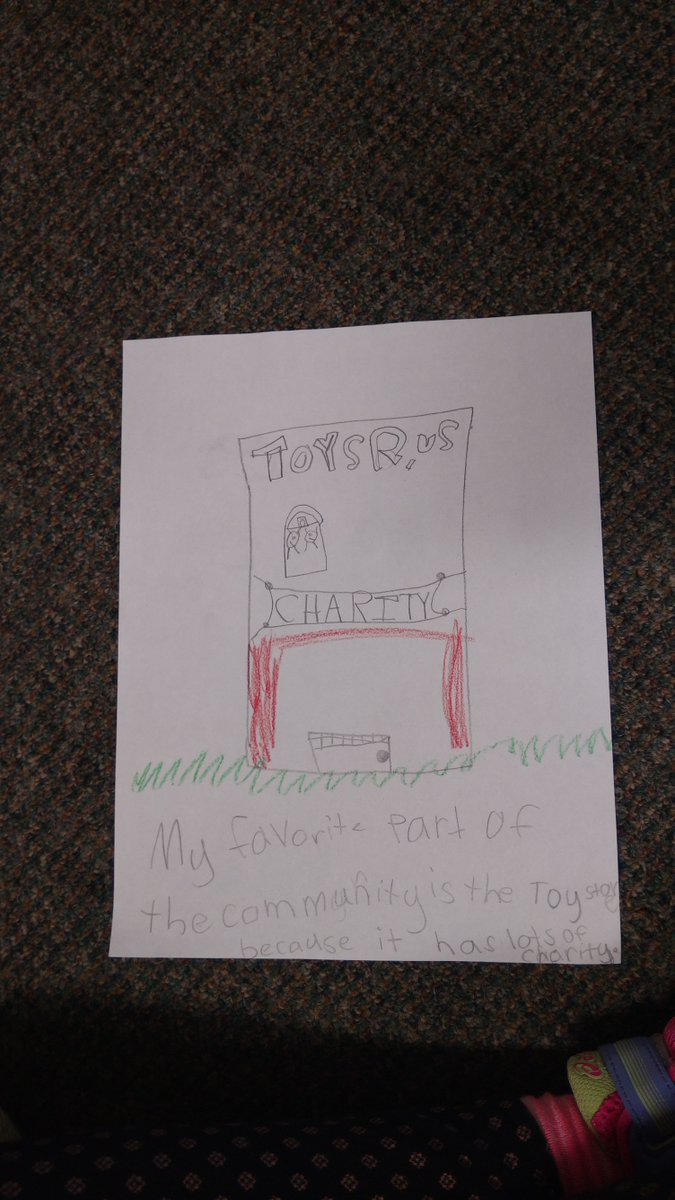 A Gr1 wrote "My favorite part of my community is toys r us b/c it has lots of charity"<a href="/FldcrestFalcons/">FieldcrestFalcons</a> #caringcounts