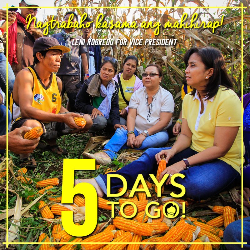 lenirobredo's tweet photo. [A] Magandang umaga! #1 na tayo sa survey! Tulong-tulong tayong iangat ang ating bansa! 5 days to go! #LeniIsMyVP https://t.co/0jpNrLdj3J