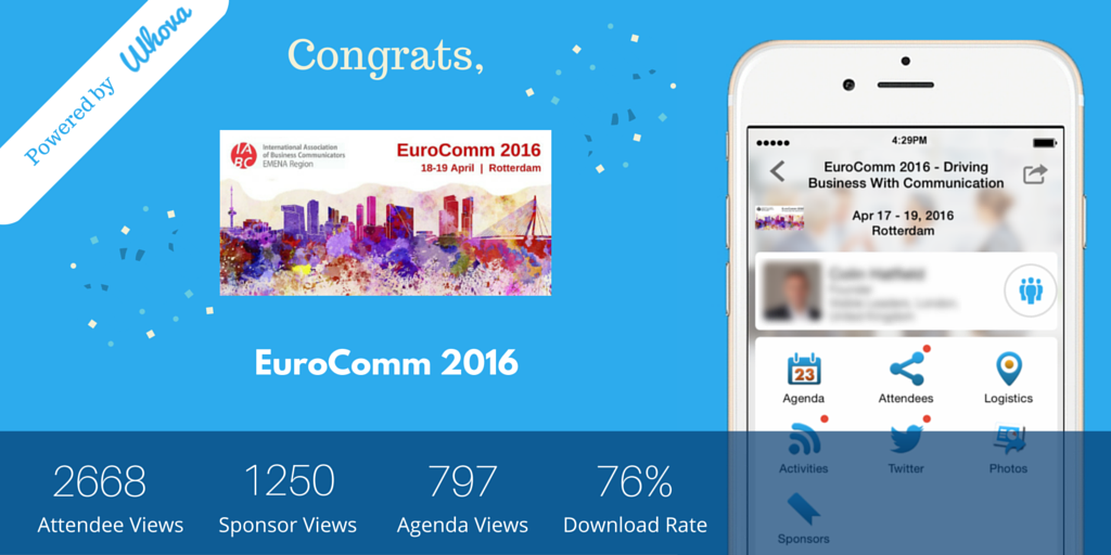 WhovaSupport's tweet photo. Congrats, @IABCEME, #EuroComm16 was a success &amp; attendees were engaged in the event. Thanks for working with #Whova! https://t.co/YjRBsiiAka