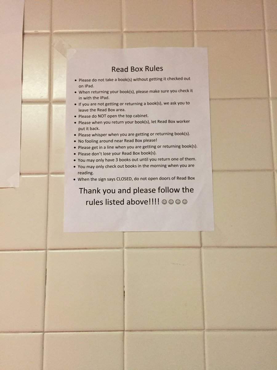 MrsHobbsGrade3's tweet photo. I saw this on my way out of school today- my Read Box team created rules! #studentrun #MontourProud @Ice_Bostick https://t.co/be8AgHl9Cs