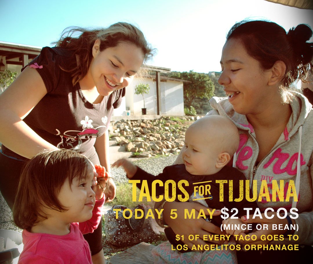 MexicaliFresh's tweet photo. Tacos for Tijuana. $2 mince/bean tacos all day Thursday. $1 of every taco goes to Los Angelitos Orphanage #tacos4tj https://t.co/n336hSU2ny