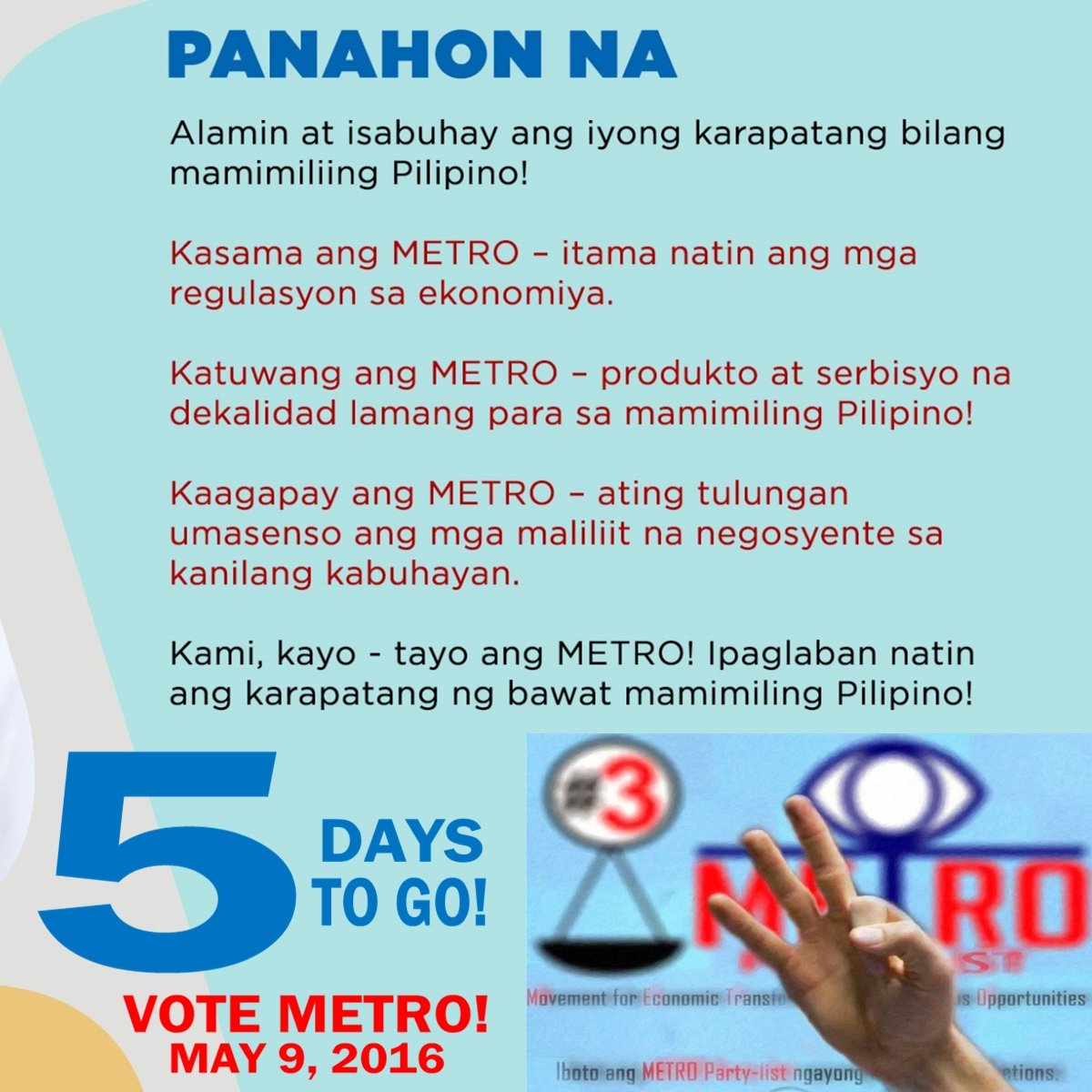 METRO_PartyList's tweet photo. #METROpartylist #ConsumerProtection #Number3SaBalota #Eleksyon2016 #Halalan2016 #VotePH2016 #PiliPinas2016 #follow https://t.co/jsXYgWgbmK