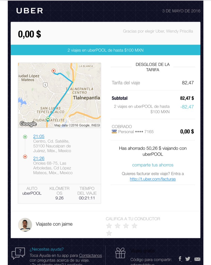 WendyPriGG's tweet photo. Mi primer viaje, mi primera experiencia, mi primer #UberCompartido...Y todo GRATIS! #PoolPorAyudar #POOLporMiCiudad https://t.co/7LVQHADQVN
