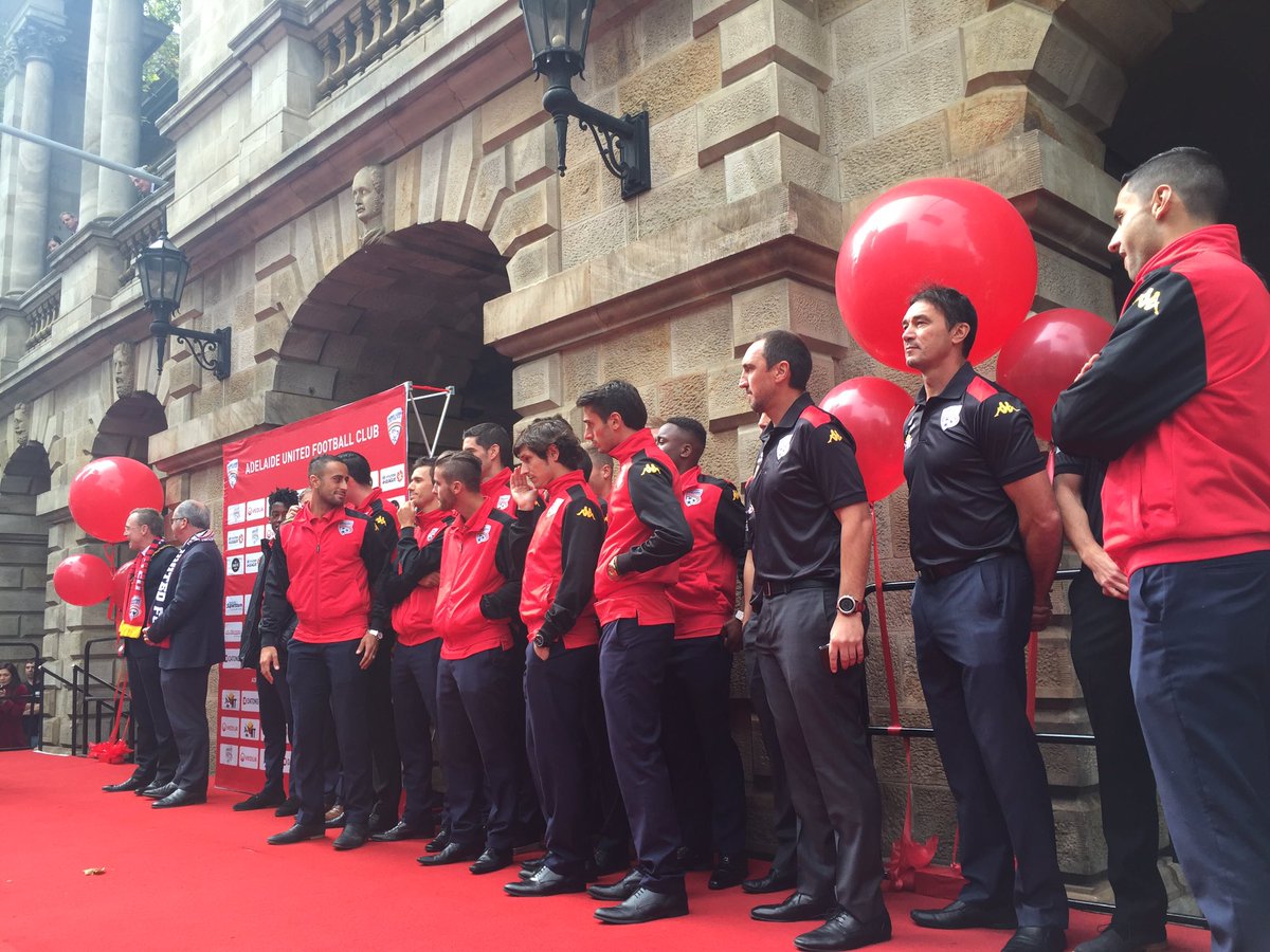 AdelaideUnited's tweet photo. #AUFC is on the Adelaide Town Hall Stage. #PaintSARed https://t.co/7rLCBRB6XU