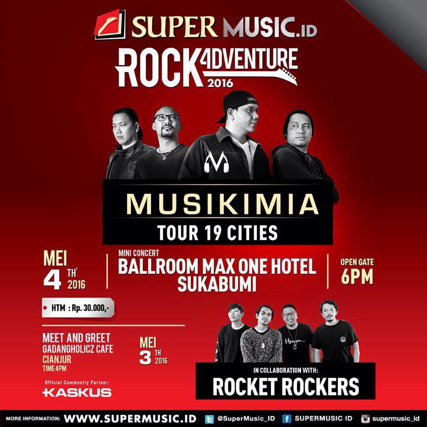 Sukabumi, are you ready for <a href="/musikimia/">musikimia</a> &amp; <a href="/rocket_rockers/">Rocket Rockers</a>?
Tonight @ ballroom Max One Hotel.
#RockAdventure2016