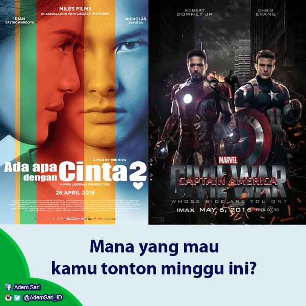 AdemSari_ID's tweet photo. Mana dari dua film ini yang mau kamu tonton minggu ini? #AdemUpdate https://t.co/lOTXkEmUVm