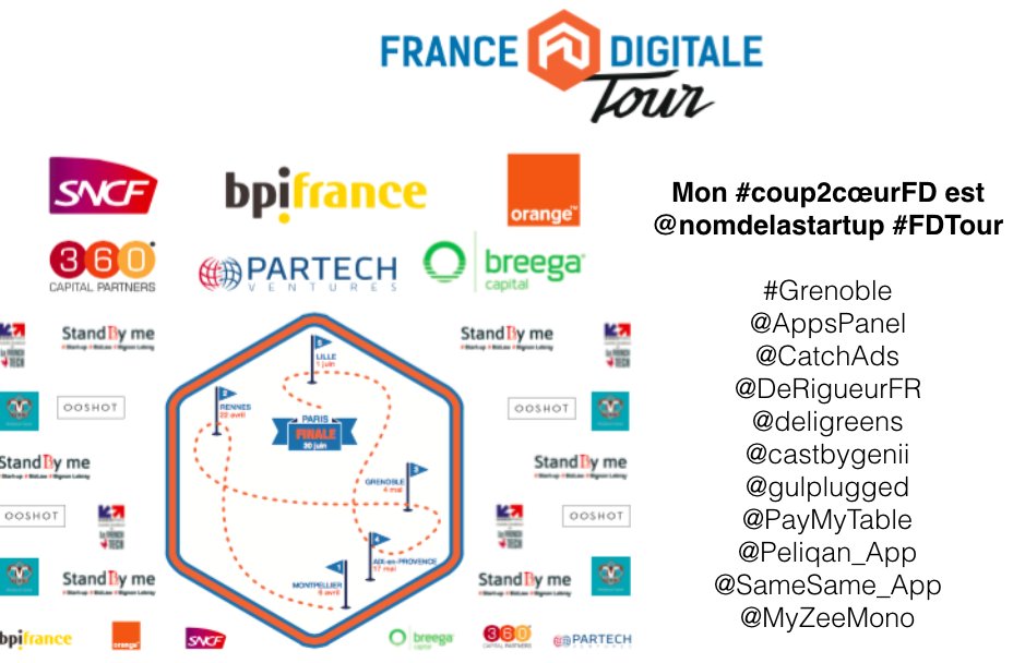 N'oubliez pas, dès 14h on vote pour notre coup de <3 avec : 'Mon #coup2cœurFD est @nomdelastartup #FDTour #Grenoble'